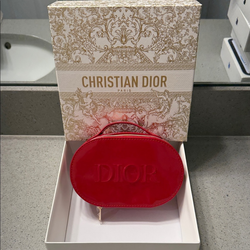 Dior Red Lined Makeup Bag with Christian Dior Gold accent box